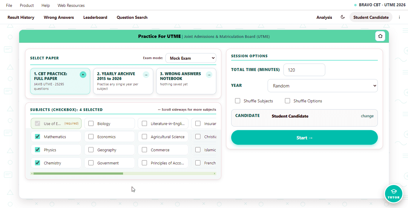 Bravo CBT — exam setup, subject selection and session options