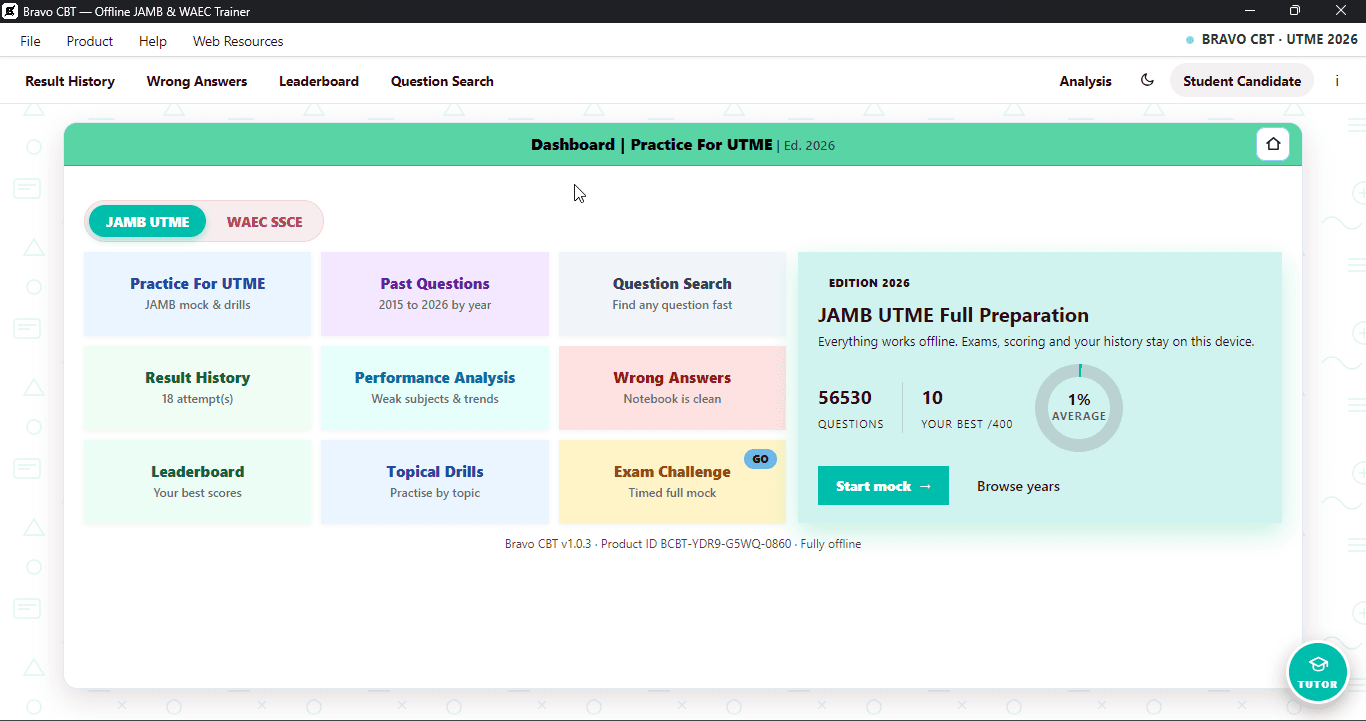 Bravo CBT — JAMB UTME practice dashboard